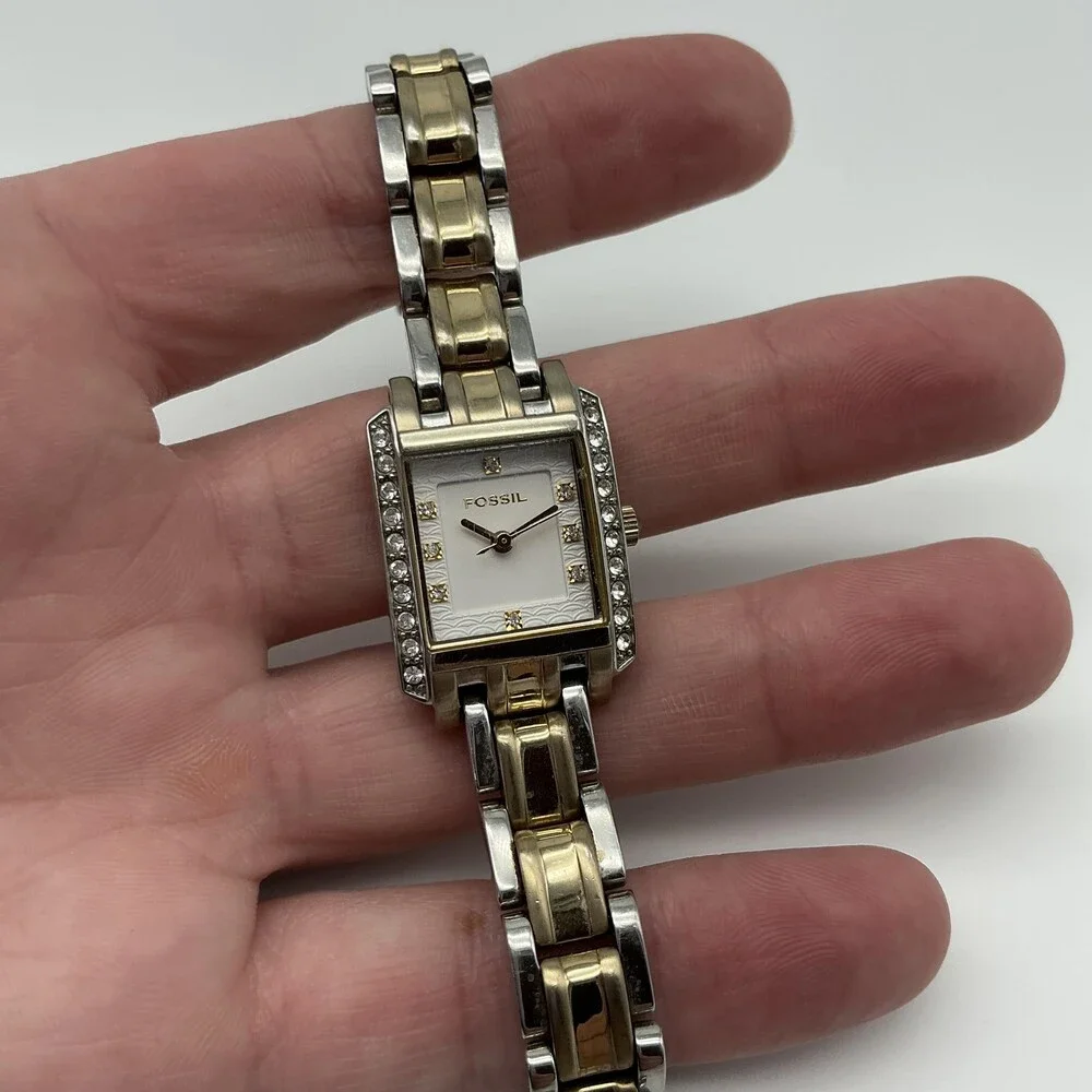 Fossil ES-2123 Womens Watch 20mm Silver Two Tone Crystal New Battery 5.75